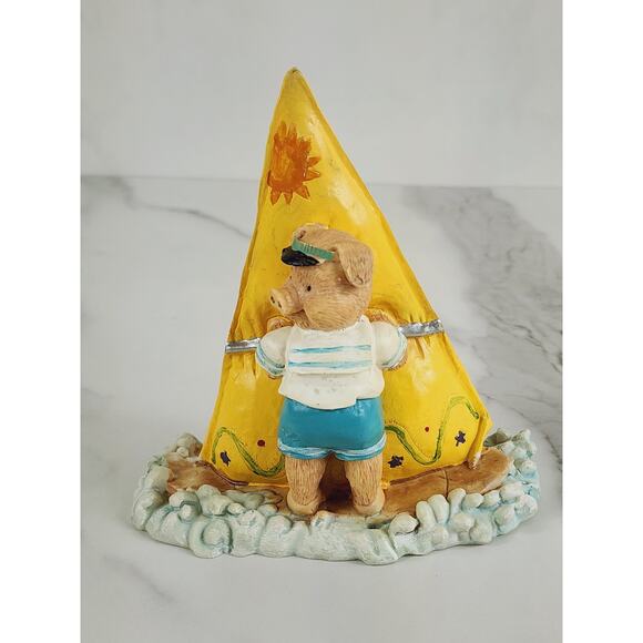 Windsurfing Pig Piglet Piggy Figurine Sail Beach 5" x 4 1/2" Year 90s Home Decor - Picture 3 of 14